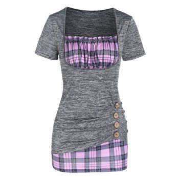 

Plaid Pattern Faux Twinset T Shirt Mock Button Ruched T-shirt Short Sleeve Ruffle Square Neck Tee, Gray