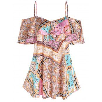 

Ethnic Style Top Allover Paisley Floral Print Top Cold Shoulder Short Sleeve Ruffle Summer Top, Multicolor