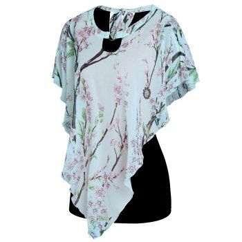 

Peach Bloom Floral Asymmetric Chiffon T Shirt 2 In 1 Cut Out Heathered Summer Tee, Light blue