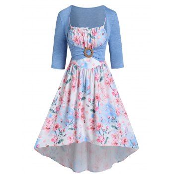 

Garden Party Dress Flower Print High Low Faux Twinset Dress Ruched Bust Ruffles O Ring A Line Dress, Light blue