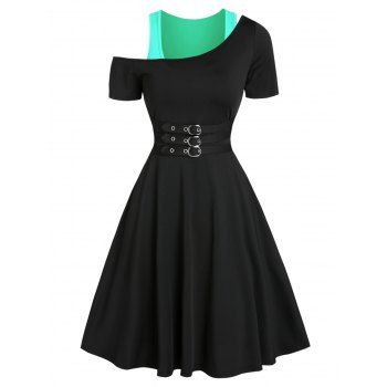 

Contrast 2 In 1 A Line Mini Dress Gothic Cold Shoulder Buckles Short Sleeve Dress, Light green