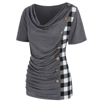 

Plus Size T Shirt Casual T Shirt Heather Plaid Print Insert Mock Button Draped Summer Tee, Dark gray