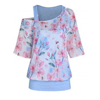 

Faux Twinset Top Flower Print Cottagecore Top Skew Neck Half Sleeve Top, Light blue