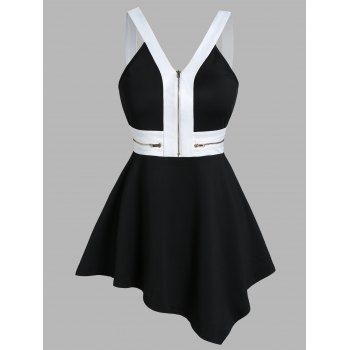 

Colorblock Tank Top Asymmetric Hem Tank Top Zipper Detail Backless V Neck Summer Tank Top, Black