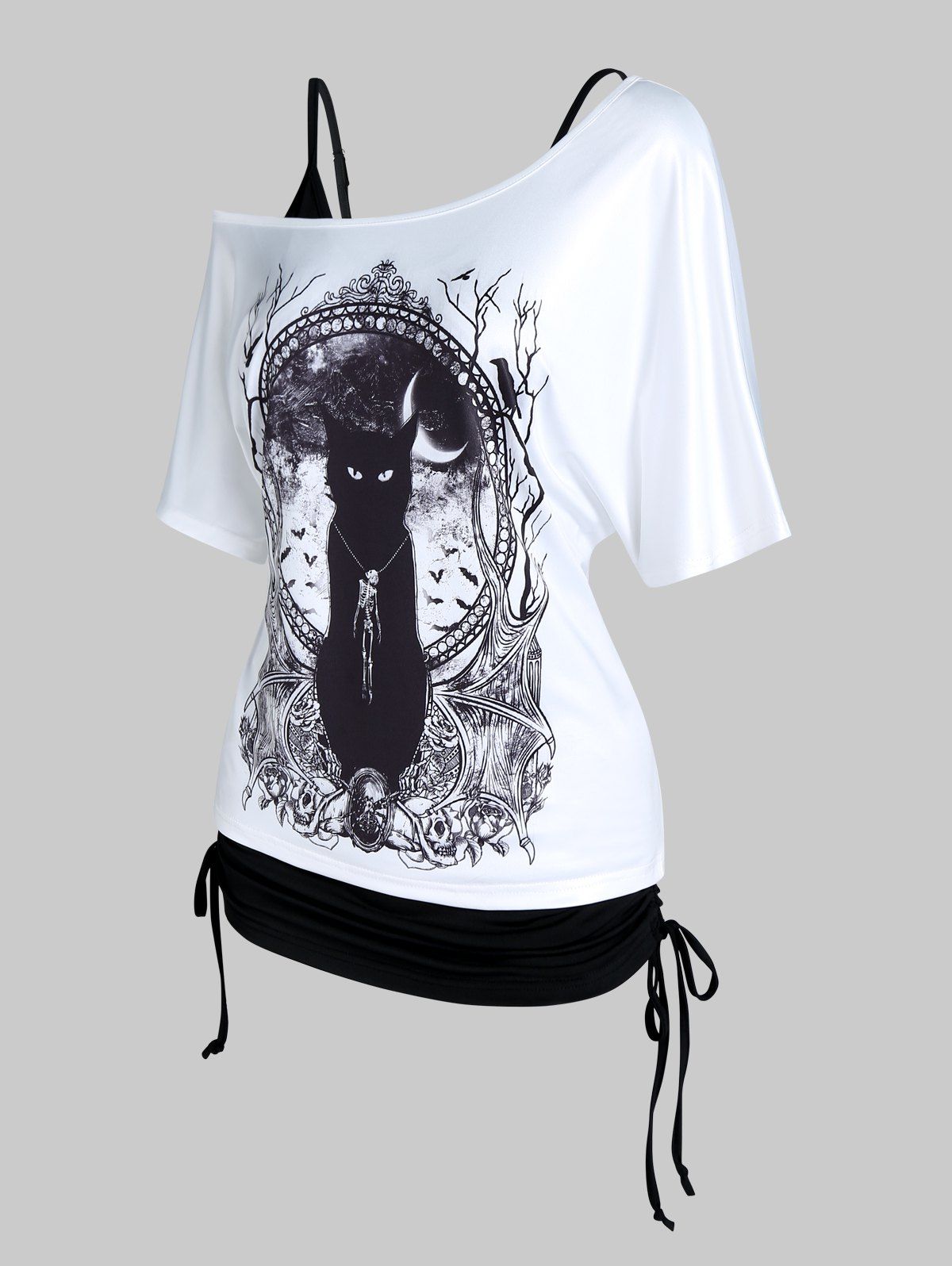 Gothic Top Solid Color Cinched Tank Top and Skew Neck Cat Print T Shirt Two Piece Top - BLACK L