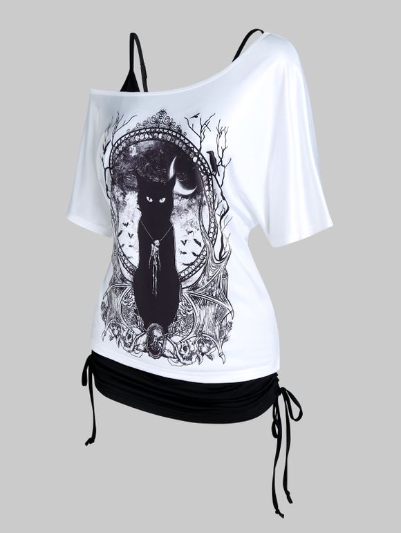 Débardeur Gothique en Couleur Unie et T-shirt à Imprimé Chat Deux Pièces - Noir XL