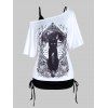 Gothic Top Solid Color Cinched Tank Top and Skew Neck Cat Print T Shirt Two Piece Top - BLACK XL