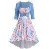 Garden Party Dress Flower Print High Low Faux Twinset Dress Ruched Bust Ruffles O Ring A Line Dress - LIGHT BLUE M