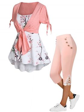 Colorblock Peach Blossom Tree Print Tied Slit Sleeve Faux Twinset T Shirt And High Rise Lace Applique Capri Leggings Summer Outfit