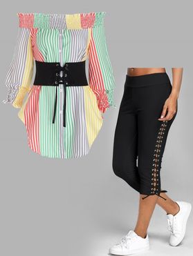 Striped Floral Print Off the Shoulder Corset Ruched Long Shirt and Lace Up Skinny Crop Leggings Casual Outfit