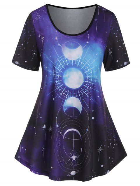 T-shirt à Imprimé Galaxie Phase et Lune Manches Courtes à Col Rond