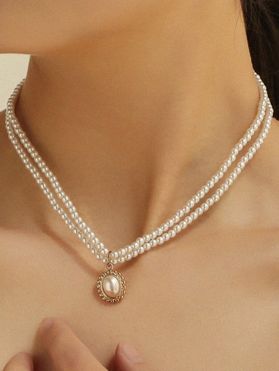 Layered Necklace Faux Pearl Necklace Geometric Pendant Elegant Necklace