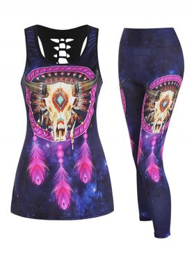 Ethnic Outfit Peacock Feather Cow Print Tank Top and Elastic High Waist Skinny Leggings Casual Sports Set