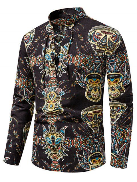 Ethnic Shirt African Print Shirt Lace Up Stand Collar Long Sleeve Casual Shirt