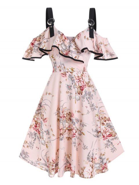 Vacation Dress Floral Dress Flounce Cold Shoulder High Waisted A Line Mini Summer Casual Dress