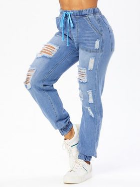 Casual Jeans Ripped Drawstring Pockets Beam Feet Destroyed Trendy Denim Pants