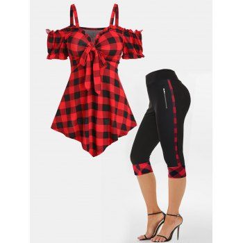 

Plaid Print Cold Shoulder Bowknot T-shirt And High Waist Capri Summer Leggings Summer Outfit, Multicolor