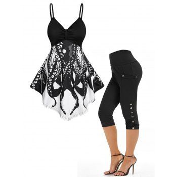 

Asymmetric Octopus Print Asymmetric Tank Top and Plain Color Mock Button Pockets Capri Pants Summer Casual Outfit, Black