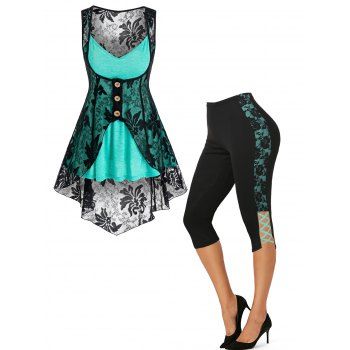 

Contrast Flower Lace Vest Heathered Cami Top Set And Lace Up Skinny Capri Leggings Summer Outfit, Multicolor