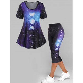 

Galaxy Moon Phase Print T Shirt and Capri Leggings Casual Summer Outfit, Deep blue