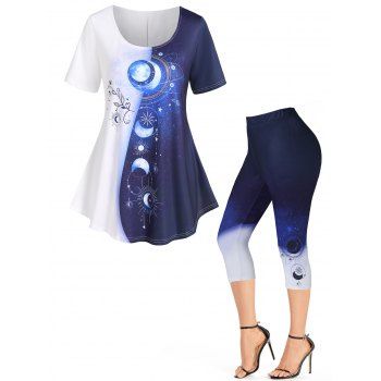 

Contrast Colorblock Galaxy Sun Moon Print T Shirt and Capri Jeggings Summer Casual Outfit, Deep blue