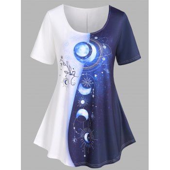 

Contrast Colorblock T Shirt Sun Moon Print Round Neck Short Sleeve Summer Casual Tee, Black