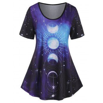 

Galaxy Moon Phase Print T Shirt Short Sleeve Round Neck Tee, Deep blue