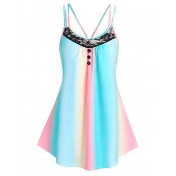 Ombre Tank Top Rainbow Lace Panel Mock Button Summer Casual Tank Top