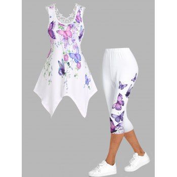 

Butterfly Flower Print Lace Insert Asymmetric Tank Top And High Waist Capri Leggings Summer Outfit, White