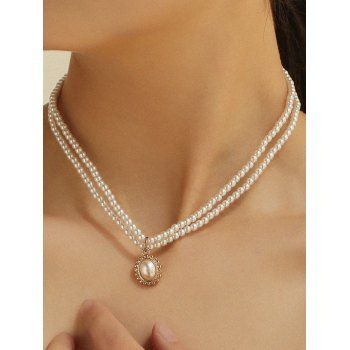 Fashion Women Layered Necklace Faux Pearl Necklace Geometric Pendant Elegant Necklace Jewelry Online White