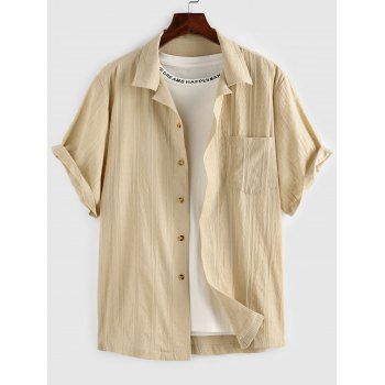 

Swiss Dots Stripe Shirt Short Sleeve Pocket Patch Turn Down Collar Casual Summer Shirt, Light yellow