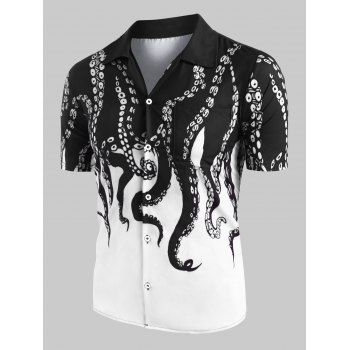 

Vacation Octopus Print Shirt Short Sleeve Button Up Notched Collar Summer Dress, White