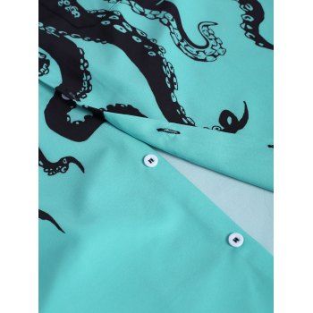 Vacation Octopus Print Shirt Short Sleeve Button Up Notched Collar Summer Dress