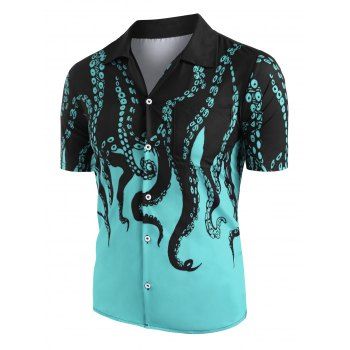 

Vacation Octopus Print Shirt Short Sleeve Button Up Notched Collar Summer Dress, Light green