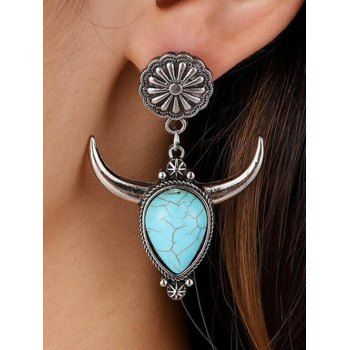 

Bohemian Drop Earrings Cow Floral Pattern Faux Turquoise Vintage Earrings, Silver