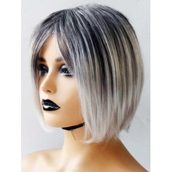 Short Inclined Bang Ombre Straight Bob Wig Capless Heat Resistant Synthetic Wig