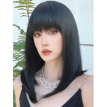 

Straight Wig Full Bang Plain Color Wig Heat Resistance Synthetic Medium Hair, Black