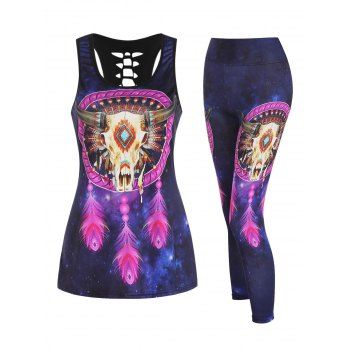 

Ethnic Outfit Peacock Feather Cow Print Tank Top and Elastic High Waist Skinny Leggings Casual Sports Set, Purple