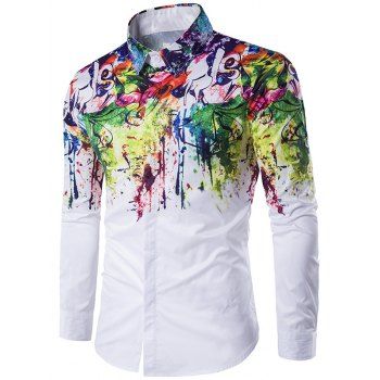 

Colorful Graffiti Painting Splash Print Shirt Long Sleeve Hidden Button Up Casual Shirt, White