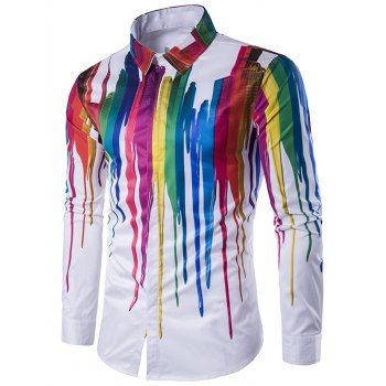 

Colorful Striped Painting Print Shirt Long Sleeve Button Up Casual Shirt, White