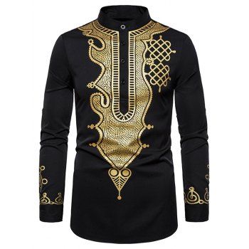 

Casual Shirt Bronzing Pattern Long Sleeve Stand Collar Half Button Ethnic Shirt, Black