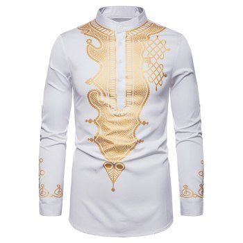 

Casual Shirt Bronzing Pattern Long Sleeve Stand Collar Half Button Ethnic Shirt, White