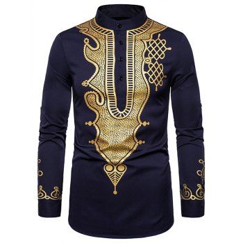 

Casual Shirt Bronzing Pattern Long Sleeve Stand Collar Half Button Ethnic Shirt, Cadetblue