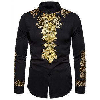 

Casual Shirt Contrast Bronzing Shirt Stand Collar Long Sleeve Vintage Button-up Shirt, Black