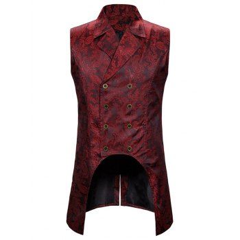 

Vintage Paisley Flower Pattern Waistcoat Double Breasted Lapel Collar Vest High Low Slit Hem Waistcoat, Red wine