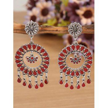 

Bohemian Earrings Hollow Round Flower Waterdrop Shape Alloy Hook Drop Earrings, Red