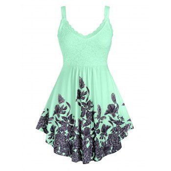 

Casual Tank Top Butterfly Flower Print Tank Top Lace Panel High Waist Summer Top, Green