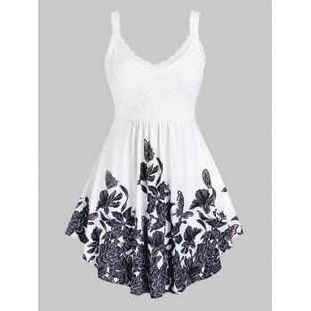 

Casual Tank Top Butterfly Flower Print Tank Top Lace Panel High Waist Summer Top, White