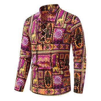 

Ethnic Shirt African Print Shirt Lace Up Stand Collar Long Sleeve Casual Shirt, Purple