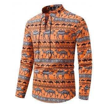 

Vintage Shirt Allover Printed Lace Up Shirt Long Sleeve Stand Collar Casual Shirt, Orange